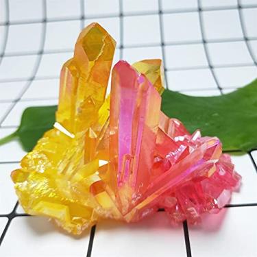 Imagem de Presente para a família 190 g Aura Crystal Cluster revestimento de titânio natural quartzo vug vermelho e amarelo cristal flor pedra decoração de casa pedra da sorte pedras primárias e minerais