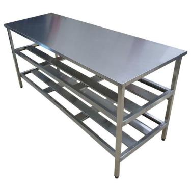 Imagem de Mesa Aço Inox Industrial 170x70x90 cm Prateleiro Duplo Loja da Cozinha