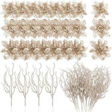 Imagem de Yinder Conjunto de 48 peças de flores artificiais de poinsétia de Natal com galhos e glitter para decoração de árvore de Natal para mesa de grinalda, centro de mesa, decoração de Natal, casamento