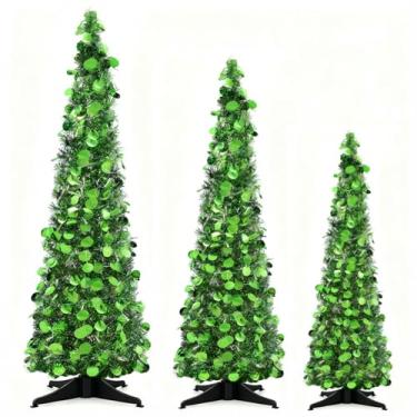 Imagem de Leyndo Árvore de Natal pop-up com luz LED pré-iluminada, artificial, dobrável, lápis de paetê, árvore de Natal skinny para decoração de lareira em casa interna (1,5 m, verde, 3)