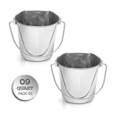 Imagem de AASPIRE PETS Balde plano de aço inoxidável de 9 litros, 2 peças | Tigela durável de comida e água de 2,25 gal para cães XL, cabras, ovelhas, gado, cavalo e gado | Serve para gaiolas de canil e fazenda