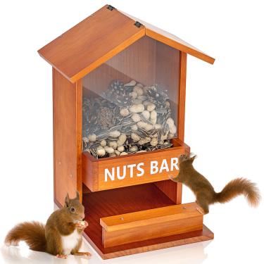Imagem de Mesa de piquenique para alimentação de esquilos para uso externo com janela de visualização clara, alimentador grande de esquilo de madeira com telhado à prova de intempéries e fundo de malha para