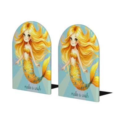 Imagem de Sereia dourada bonita grande suporte de livros de madeira decorativo antiderrapante resistente terminais de livros para escritório mesa de escritório casa biblioteca escola estudo decoração divisórias