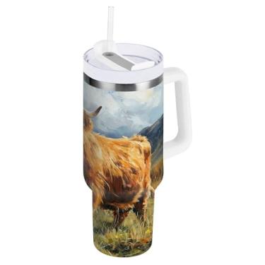 Imagem de xigua Copo Highland Cow 1,134 g com tampa e canudo, aço inoxidável de vácuo duplo isolado garrafa de água esportiva suporte para copo de café de viagem à prova de vazamento para bebida gelada