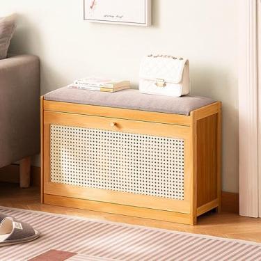 Imagem de Yadlan Banco de madeira maciça com almofada, sapateira de 2 camadas para entrada, quarto ou armário, banco de canto para corredor, sala de estar, cor de madeira 100 cm