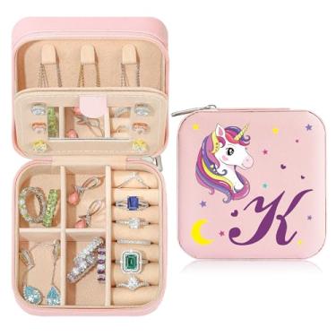 Imagem de Caixa de joias de viagem organizadora para presentes pequena fofa personalizada presente de aniversário natal para filha anel colar brinco caixa organizadora rosa letra A-Z