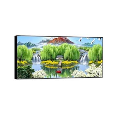 Imagem de BMZFYBS Chinoiserie Arte de parede paisagem imagem em tela - flores de árvore do lago pássaros - pintura chinesa - impressões de moldura preta para decoração de casa 50 x 100 cm 20 x 39 pol