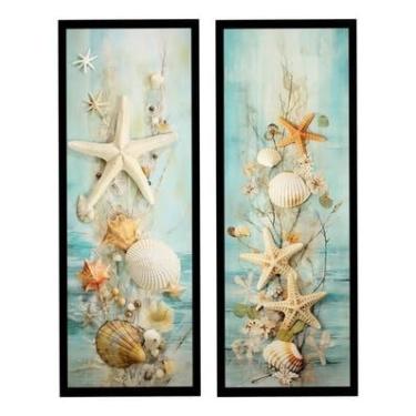 Imagem de Kit 2 Quadros Banheiro Lavabo Toalete, Mar, Concha Vidro- Decoração Costeira para Banheiro, Lavabo e Toalete(Preto)