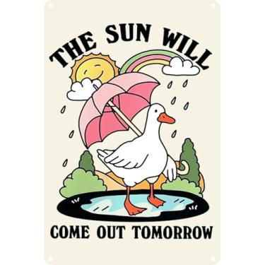 Imagem de Pôster engraçado The Sun Will Come Out Tomorrow", arte de parede, estampa fofa de ganso e guarda-chuva, placa de metal estética positiva - decoração de casa edificante para escritório, quarto feminino