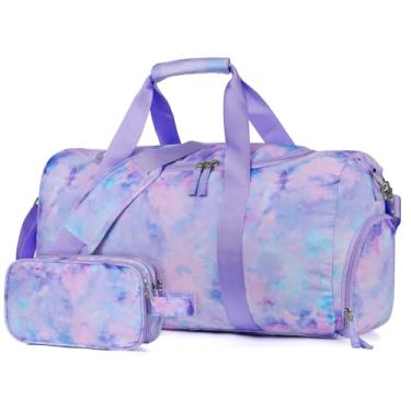 Imagem de Vipdeal Bolsa infantil para viagem, bolsas grandes de fim de semana com bolsa de higiene infantil com compartimento para sapatos de mão, Tie Dye roxo, Bolsa infantil com conjunto de bolsa de higiene