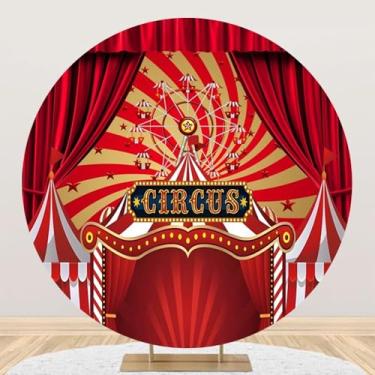 Imagem de DORCEV Capa de pano de fundo redondo de circo com desenho animado de 2,2 x 2,2 m, pano de fundo listrado para barraca de circo, cortina vermelha com tema de carnaval de circo, decoração de festa de