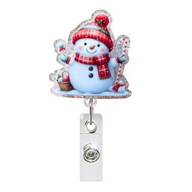 Imagem de Carretel de crachá fofo de Natal, boneco de neve, retrátil com clipe jacaré, design de boneco de neve, design de boneco de neve, etiqueta de cartão de identificação acrílica para temporada de férias