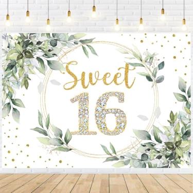 Imagem de InMemory Decorações de fundo de aniversário de 16 anos para meninas, faixa dourada verde feliz aniversário de 16 anos, fundo para fotos de 16 anos de folhas vegetais, cenários de decoração de