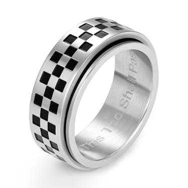 Imagem de ICEINX Anxiety Fidget Spinner – Anel de xadrez de aço inoxidável banhado a ouro de 8 mm com gravação "This Too Shall Pass" – Presente de joias para alívio de estresse, Aço inoxidável, Sem pedra