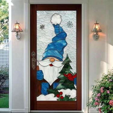 Imagem de HOMETITUTE Gnomo de Natal Película para janela 40 x 100 cm chapéu azul gnomo com árvore cardeal pássaro azevinho e flocos de neve adesivo decorativo de janela de privacidade para férias e inverno