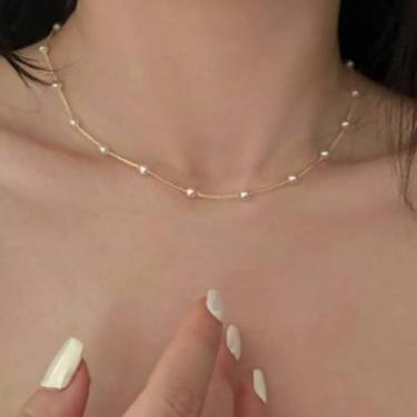 Imagem de Colar de pérolas feminino dourado elegante pequeno colar de pérolas acessórios de presente de casamento, One Size, Metal, Sem Pedra Preciosa