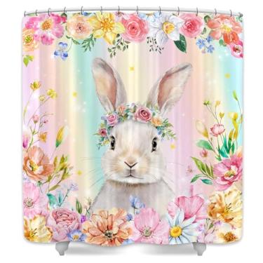 Imagem de DYNH Cortina de chuveiro coelhinho da Páscoa, coelho fofo, cortina de banheira floral, flores silvestres, primavera, jardim, fantasia, país, férias, decoração de banheiro com ganchos, 169 x 170 cm
