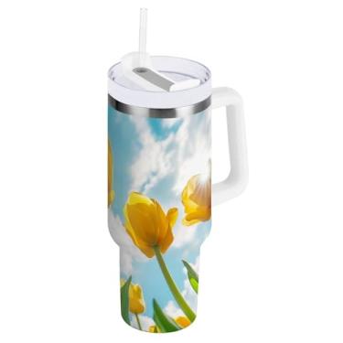 Imagem de Kigai Copo de tulipa dourada de 1,134 g com tampa e palha, copo isolado de aço inoxidável durável à prova de vazamento com alça, garrafas de água à prova de derramamento para viagens