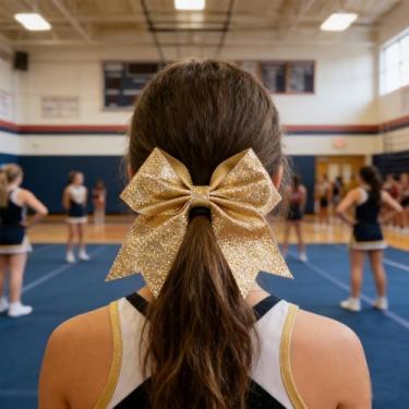 Imagem de 2 peças de 17,78 cm com glíter, dourado, laços de cabelo para rabo-de-cavalo, faixa elástica feita à mão para meninas adolescentes de torcida e esportes universitários
