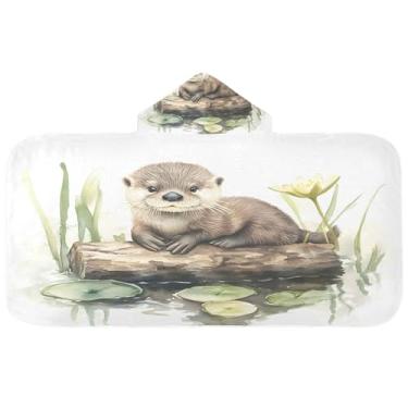 Imagem de Burbuja Pintura de lontra toalha de banho com capuz para crianças, toalha de praia de pelúcia macia absorvente para chá de menina menino 3-10 anos, 61 x 127 cm