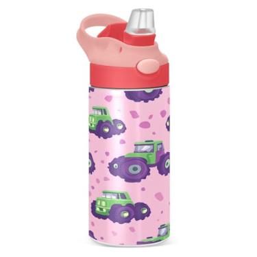 Imagem de CEBUGI Monster Trucks Garrafa de água infantil à prova de vazamento com canudo Garrafa de água isolada a vácuo de aço inoxidável para meninos e meninas
