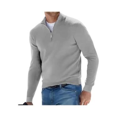 Imagem de Suéter Masculino Oversized De Tricô Com Gola V, Manga Longa, Meio Zípe