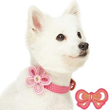 Imagem de Blueberry Pet Coleira de cachorro ajustável com 2 padrões com fivela de metal e 2 gravatas borboleta destacáveis - bolinhas rosa, pescoço 33-42 cm, para raça média