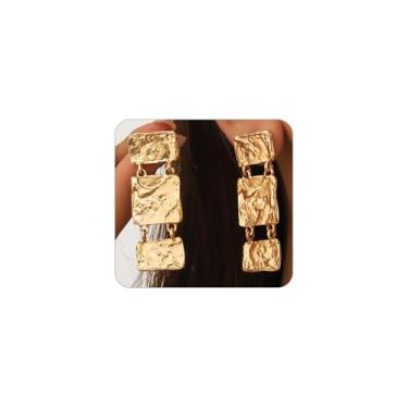 Imagem de Brincos vintage dourados quadrados para mulheres, brincos retangulares martelados irregulares, acessórios modernos de joias de orelha simples, Large, Metal, Sem pedra preciosa