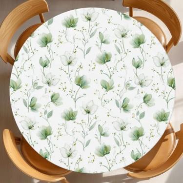 Imagem de KiuLoam Toalha de mesa floral floral verde sálvia primavera branca toalha de mesa de fazenda com borda elástica lavável toalha de mesa ajustável para decoração de cozinha patry ao ar livre, serve para