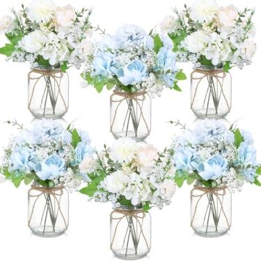 Imagem de Zeyune 6 conjuntos de flores artificiais de hortênsia em vaso de vidro, flores falsas de seda em vaso com hastes de eucalipto, arranjo floral para respiração de bebê, para mesa de centro de mesa, sala