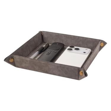 Imagem de WAYIFON Bandeja organizadora de armazenamento de mesa – Bandeja de cabeceira de couro sintético premium para mesa de cabeceira para controle remoto, chaves, telefone, carteira, moeda, joias, cinza