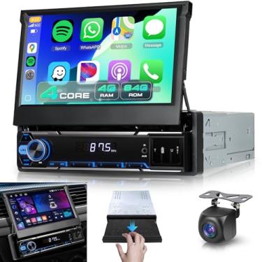 Imagem de 4G + 64G Android Single Din Flip Out Car Stereo com Carplay sem fio Android Auto, Sellrich 17.8 cm Single Din Flip Out Touchscreen Radio com BT 5.0 GPS WiFi DSP FM/RDS USB/AUX/Tipo-C SWC câmera de