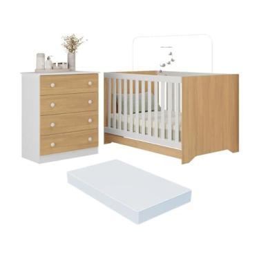 Imagem de Berço Americano 3 em 1 com Colchão Incluso e Cômoda 4 Gavetas Encanto Multimóveis Mp4699 Branco/madeirado
