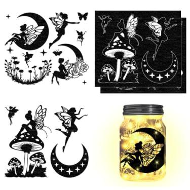 Imagem de 4 peças de papel silhueta, estampa de cogumelo de lua fada, decalques de recortes de PVC à prova d'água, decoração de iluminação autoadesiva para telefones celulares, scrapbooks, paredes, mesas, 15 x