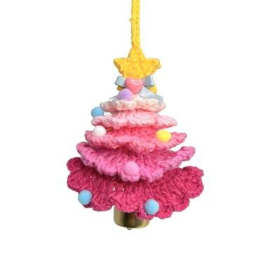 Imagem de Hshsclth Enfeite de árvore de Natal de crochê feito à mão, decoração de acrílico com sino, estrela e pompons, decoração de porta de janela de casa de férias (rosa ombre)