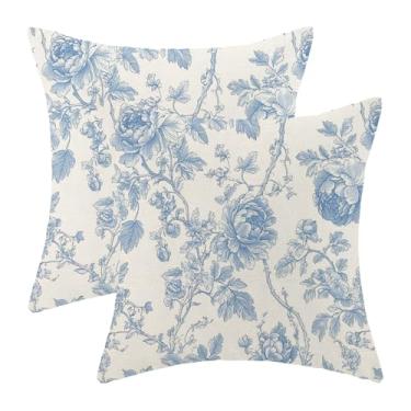 Imagem de Chinoiserie Capas de almofada florais 18 x 18 pacote com 2 capas de almofada decorativas florais azuis vintage decoração ao ar livre fronha de almofada de linho decorativa casa de fazenda para sofá