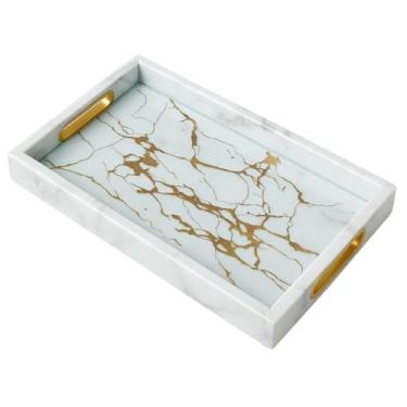 Imagem de Bandeja Organizadora com Alça Multiuso, Resistente e Decorativa para Cantinho do Café, Cozinha e Mesa Posta Ideal para Moradores de Casa(MÁRMORE ALÇA DOURADA 33X23X4cm)