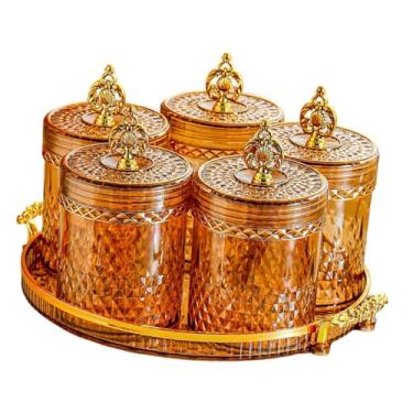 Imagem de ＫＬＫＣＭＳ Pote para armazenamento de alimentos com 5 frascos, acessório, tampa hermética, utensílio de cozinha para armário, porta-temperos, suporte, Âmbar