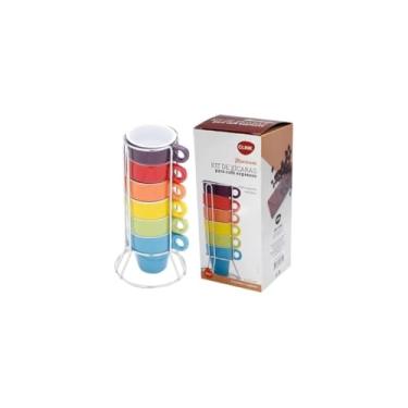 Imagem de WE DROP Jogo de Xícaras para Café e Chá, 6 Peças Coloridas com Suporte, Cerâmica e Aço Inox, 50ml, Base 8cm