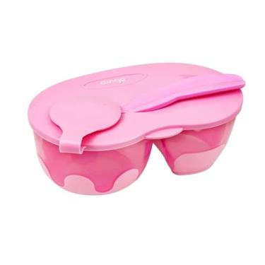 Imagem de Kit Tigela Infantil Rosa com Divisória, Colher e Compartimento para Talher, 16,5 x 10 cm, Material Atóxico, Tampa Protetora