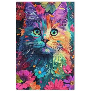 Imagem de Quebra-cabeça adulto flor gato colorido 1000 peças jogo quebra-cabeça presentes arte quebra-cabeça decoração pintura