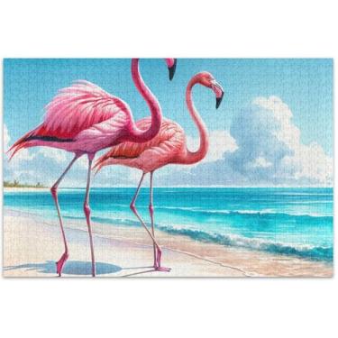 Imagem de Flamingo Beach Quebra-cabeças adultos aquarela 1000 peças de brinquedo de arte personalizado divertido jogo de quebra-cabeça presentes tecnológicos, 75 x 40 centímetros
