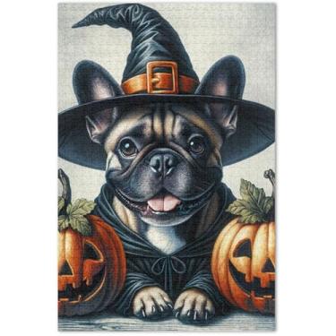 Imagem de Quebra-cabeça de Halloween buldogue abóbora 500 peças para adultos, brinquedo de arte, quebra-cabeças difíceis, presentes, 51 x 37 cm