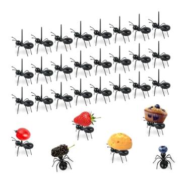 Imagem de 24 palitos de formigas – formigas de plástico para decorações de festa de piquenique, palhetas engraçadas reutilizáveis de grau alimentício para aperitivo de sobremesa de frutas, suprimentos de festa
