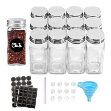 Imagem de 12 Potes de Tempero Vidro com 40 Adesivos Rótulos - Vazios 4oz 24 Tampas Cipo e Metal Herméticas Caneta Pintura Funnel Silicone Colapsível Pano Incluídos