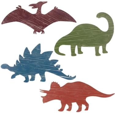 Imagem de 4 peças de arte de parede de dinossauro de madeira, designs coloridos, estilo silhueta plana, alimenta a imaginação para quartos infantis e salas de jogos, decoração de madeira duradoura