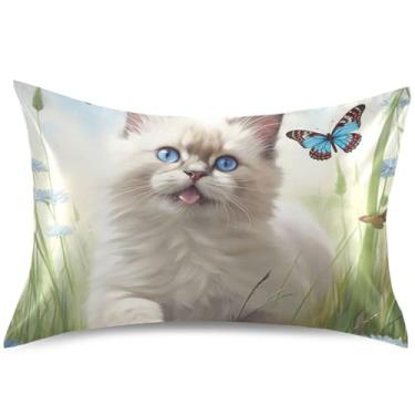 Imagem de Linda capa de travesseiro de cetim com flores de primavera de gato Ragdoll capa de travesseiro padrão King Queen capa de travesseiro moderna para pele com acne, tamanho padrão, 66 cm x 50 cm