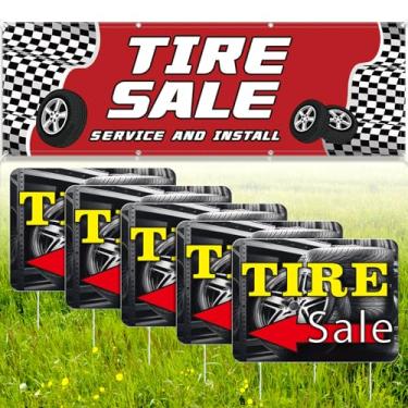 Imagem de Hillsuren 6 peças 6 x 1,8 m serviço de venda de pneus instalar banner tecido poliéster loja placa com ilhós 30.5 cm x 40.6 cm dupla face venda pneu sinalização flecha quintal para centros de serviço