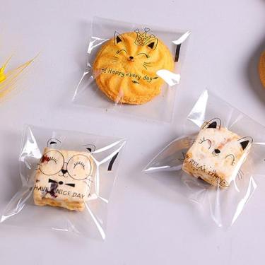 Imagem de Pacote com 100 sacos de petiscos de 7 cm com 3 desenhos, embalagem de doces OPP autoadesiva para chocolates, biscoitos, lanches e presentes de padaria