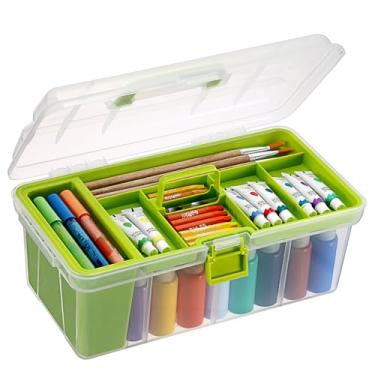 Imagem de JUXYES Caixa de armazenamento de garrafa de tinta de plástico transparente para artesanato com bandeja dividida e copo de limpeza, estojo organizador de tinta acrílica portátil com tampa